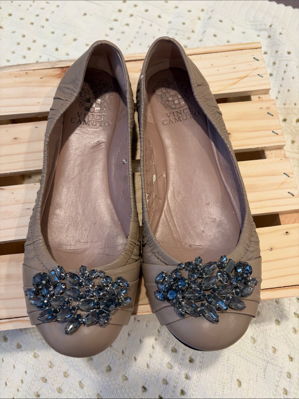 Vince Camuto Taupe Leather Flats with Blue Crystal Cluster